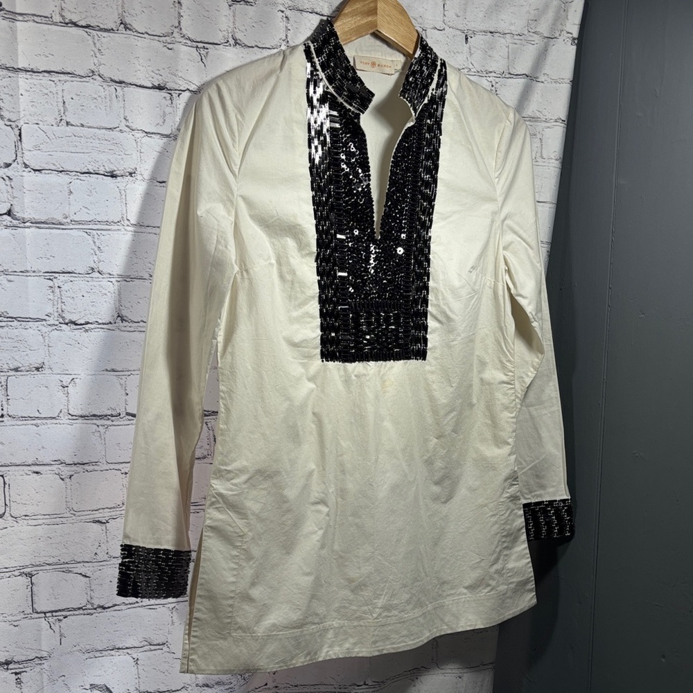 Tory Burch Cream Shirt with Black Sequin Trim